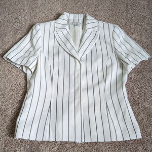 Vintage White Navy Stripe Hidden Button Lined Fitted SS Blazer